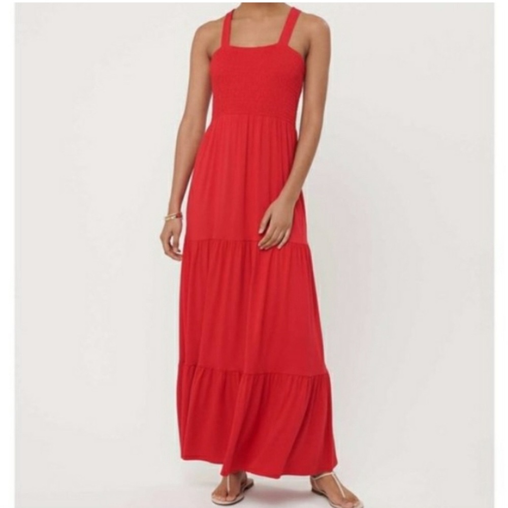 LOFT Red Smocked Bodice Tiered Maxi Tank Dress Stretchy SZ Medium